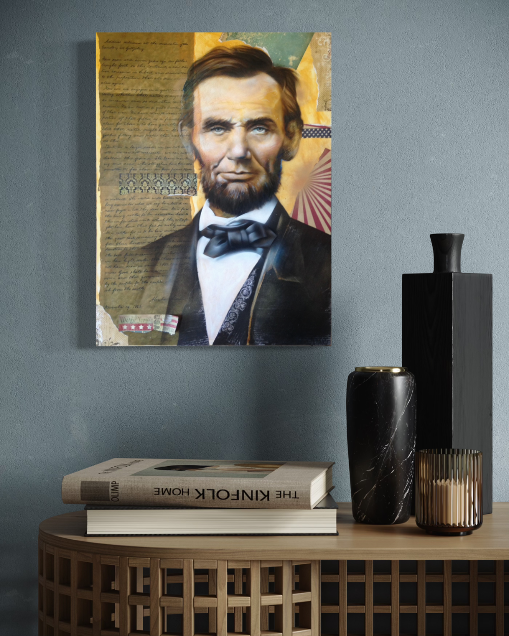 Portrait of a historical figure on a wall above a wooden table with books and vases. Abraham Lincoln fine art print limited edition reproduction by ShenShen.