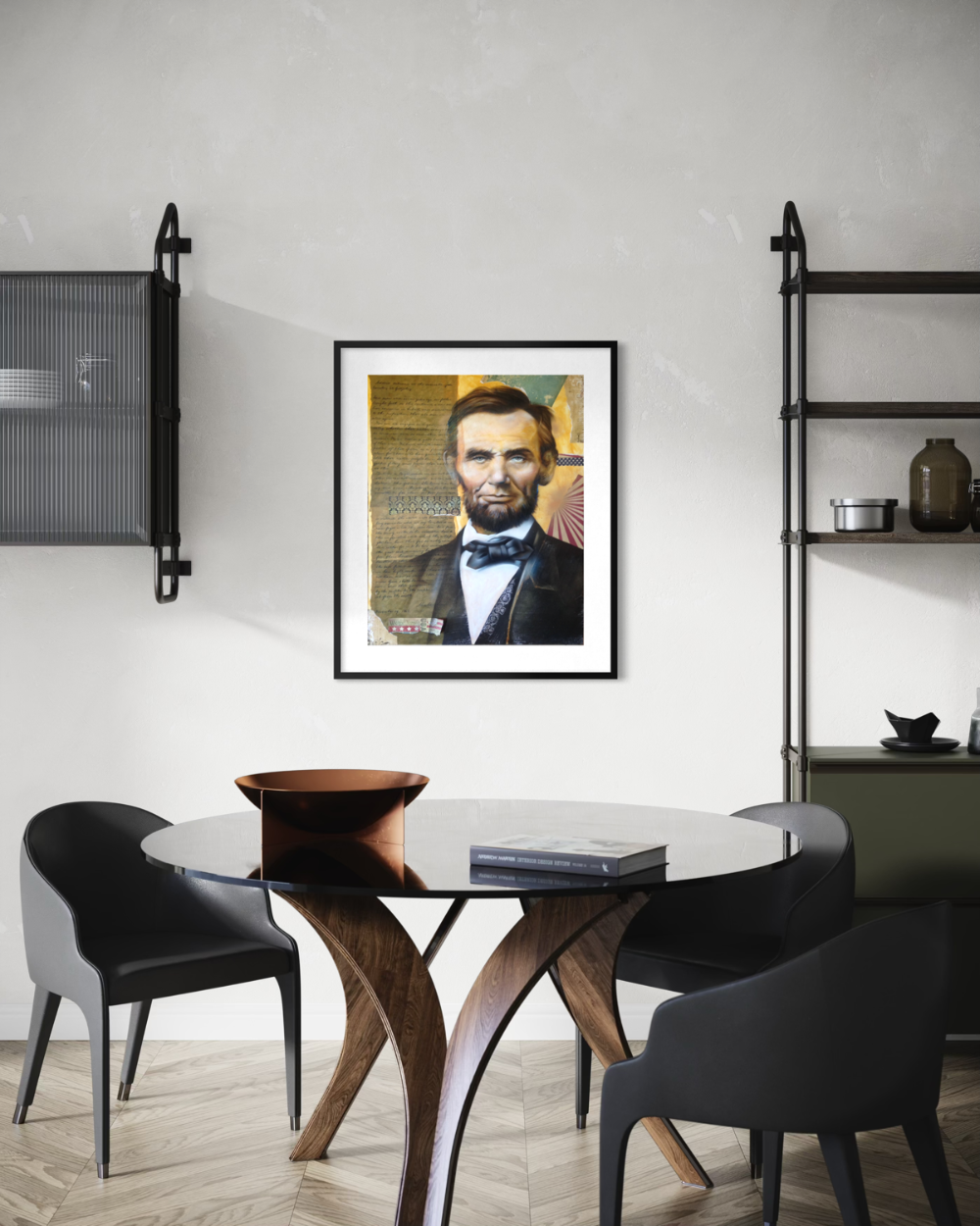 Dining room with a round wooden table and black chairs, featuring a framed portrait of a historical figure on the wall. Abraham Lincoln fine art print limited edition reproduction by ShenShen.