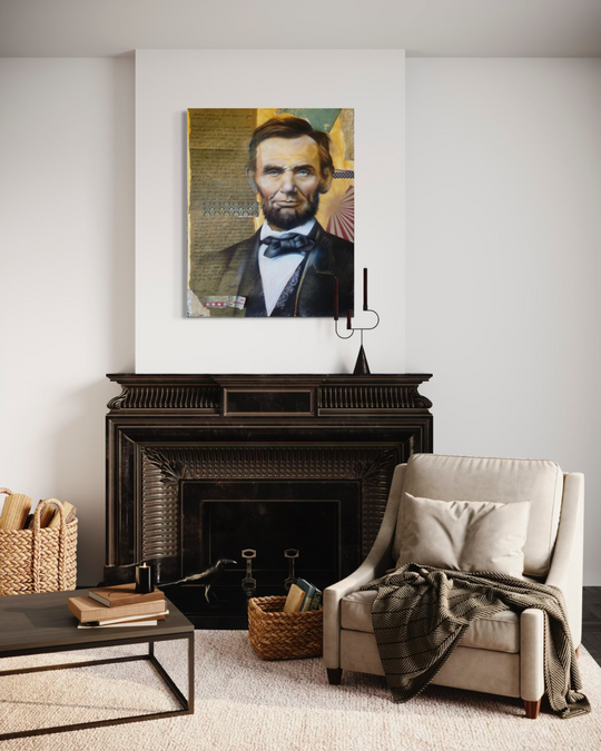 Living room with a fireplace, armchair, and portrait of a historical figure on the wall. Abraham Lincoln fine art print limited edition reproduction by ShenShen.