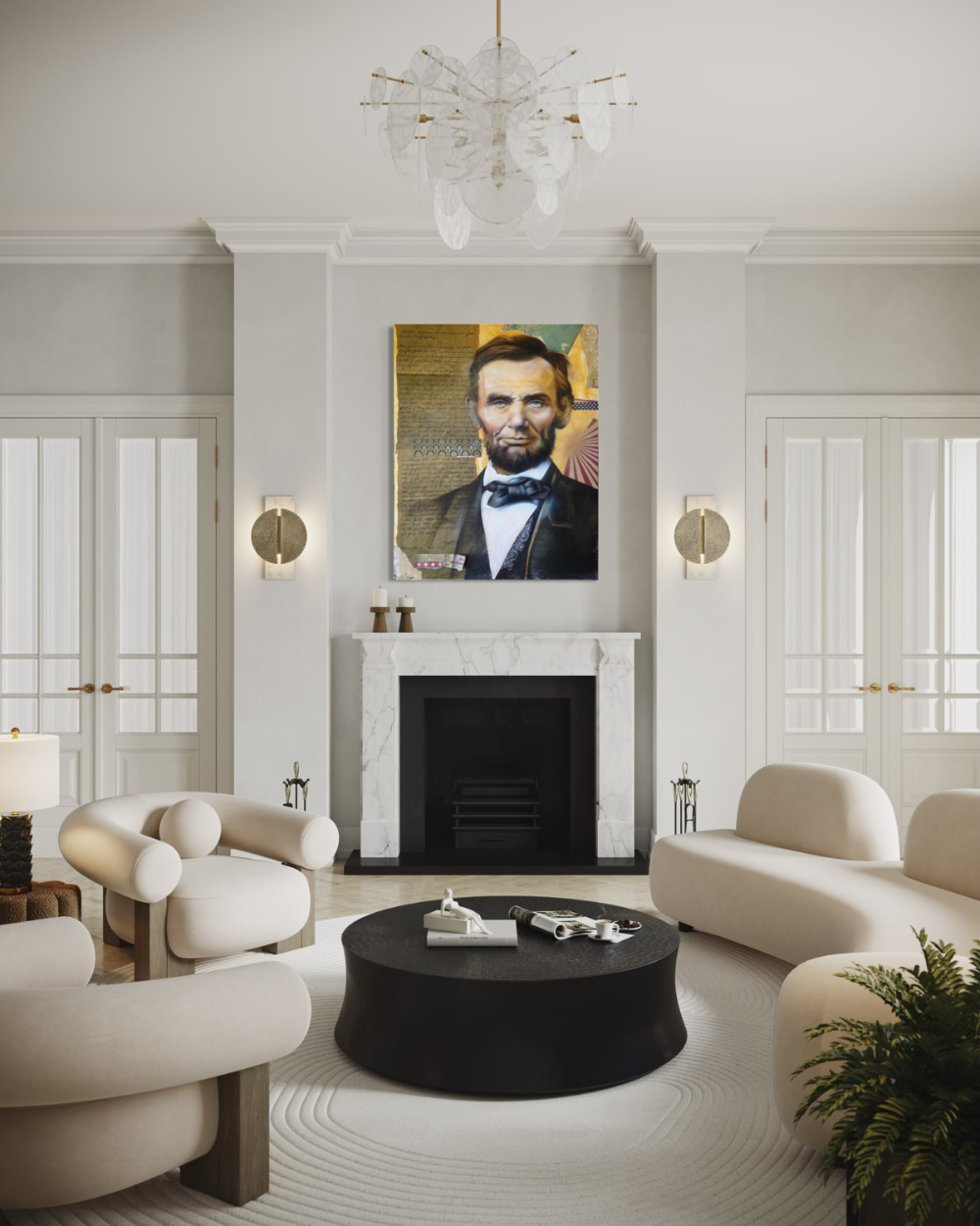 Modern living room with a portrait of Abraham Lincoln above a fireplace. Abraham Lincoln fine art print limited edition reproduction by ShenShen.