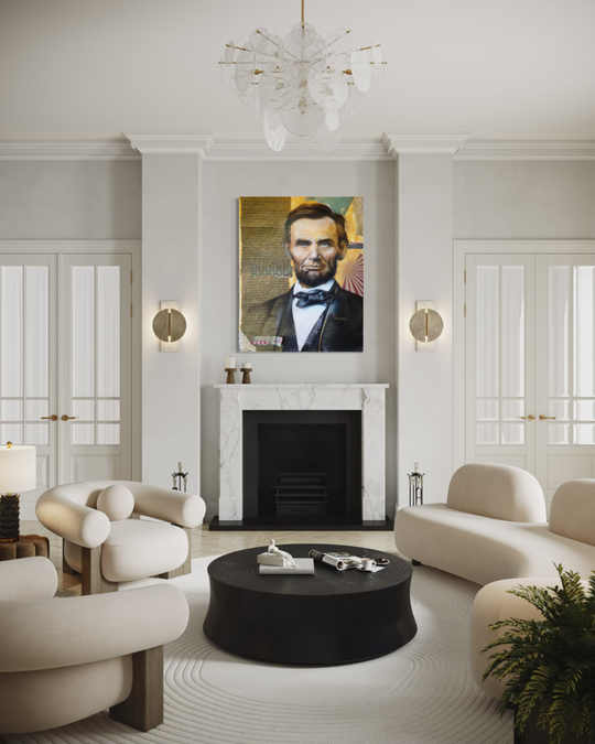 Modern living room with a portrait of Abraham Lincoln above a fireplace. Abraham Lincoln fine art print limited edition reproduction by ShenShen.