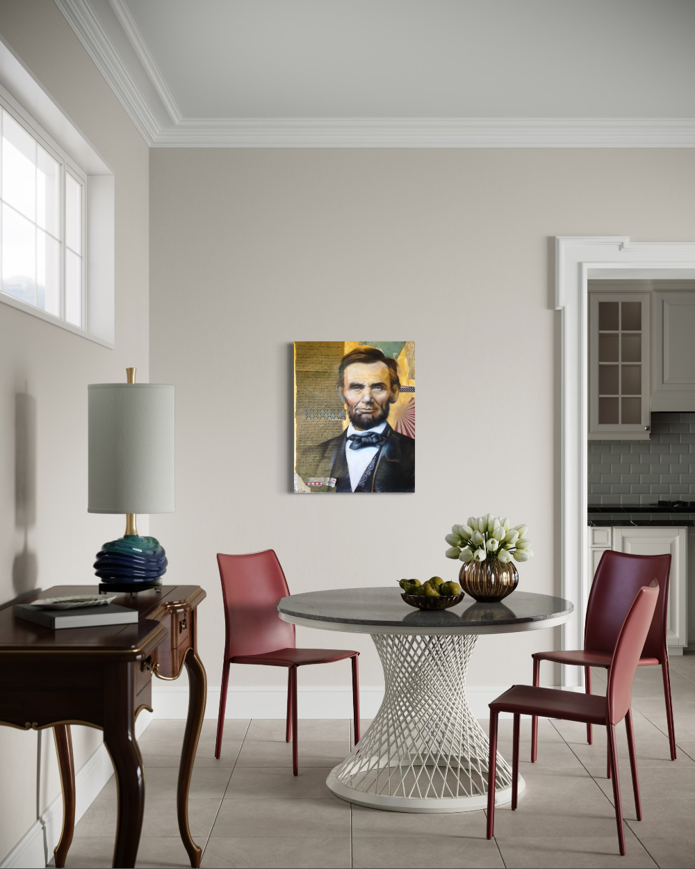 Dining room with a portrait of Abraham Lincoln on the wall, table, and chairs. 24" × 30" Giclée Canvas Reproduction  Limited Edition of 15  $975