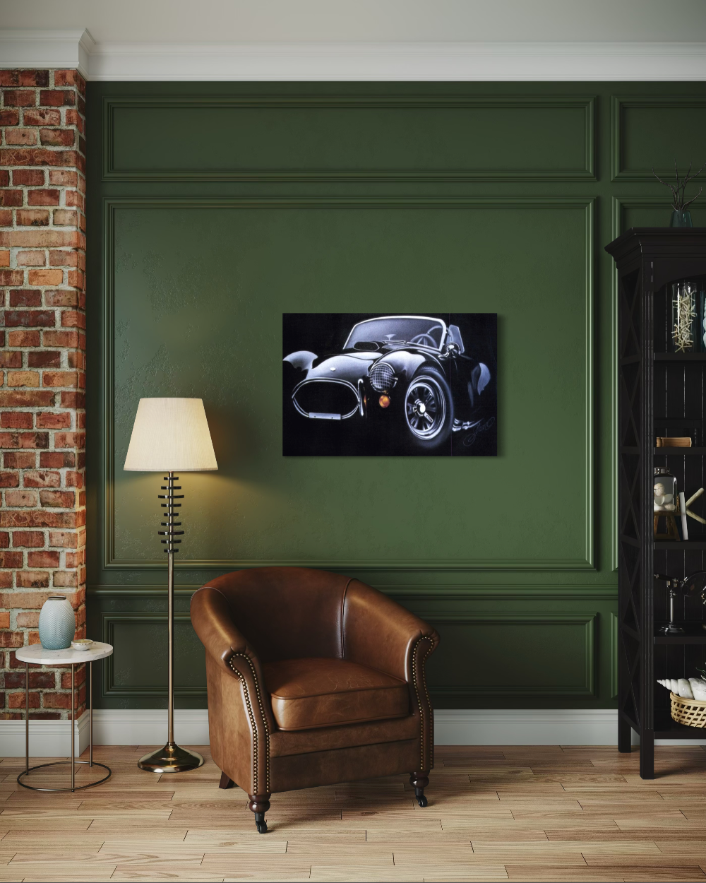 Car painting on a wall in a room with a brown leather chair and lamp. ac cobra limited edition canvas giclee fine art print reproduction by shenshen.