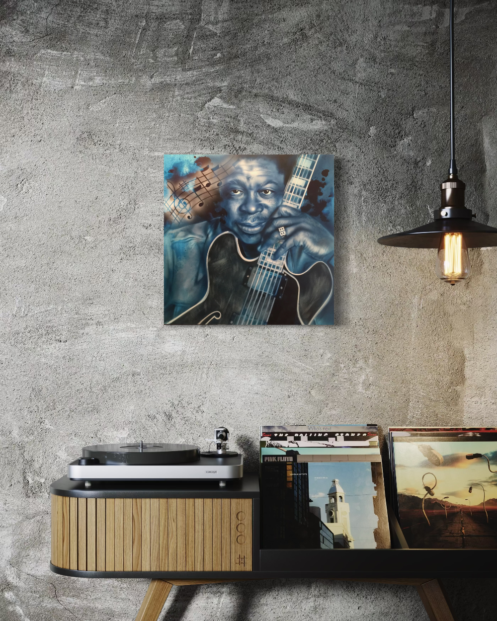 Canvas print of a musician with a guitar on a wall above a record player and records. BB King Blues fine art reproduction limited edition canvas giclee print by shenshen.