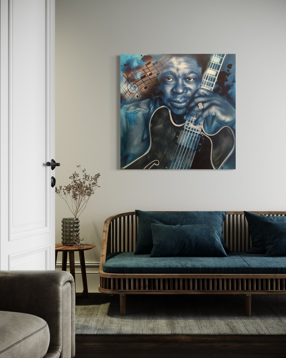 Living room with a painting of a musician holding a guitar on the wall. BB King Blues fine art reproduction limited edition canvas giclee print by shenshen.