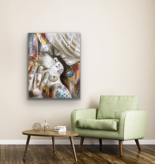 Modern living room with a green armchair, wooden coffee table, and abstract painting on the wall.