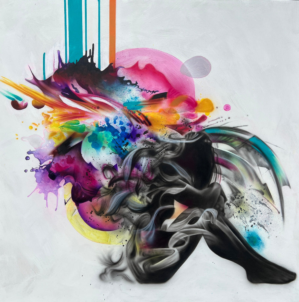 An acrylic painting on wood featuring a stylized, abstract representation of a woman's figure with vibrant, explosive colors and a dark silhouette.