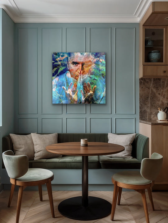 Modern interior with a table and chairs against a wall with a colorful painting.