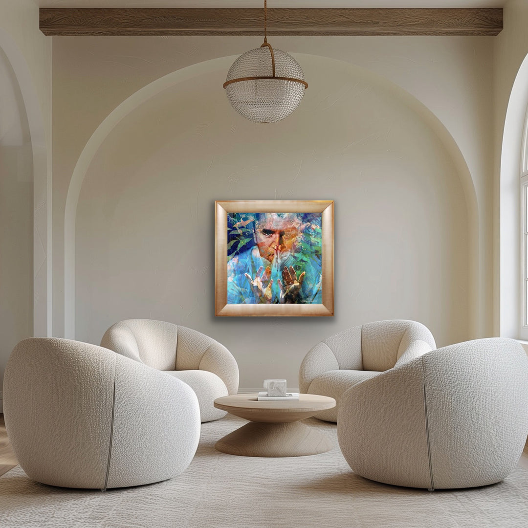 Modern living room with beige armchairs, a coffee table, and a colorful painting on the wall.