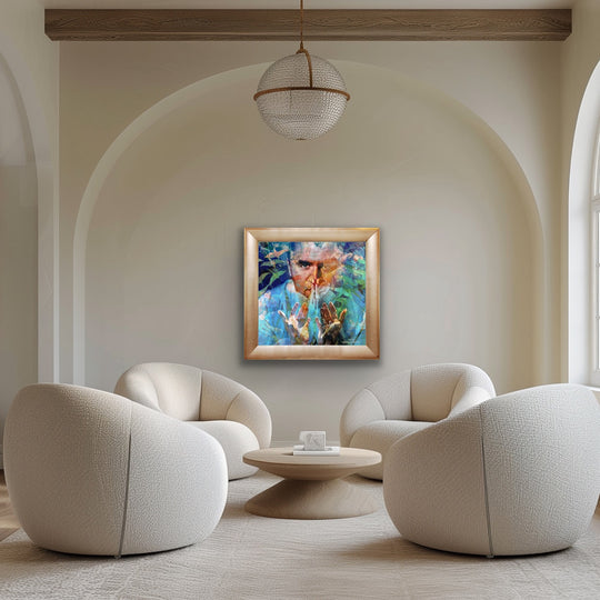 Modern living room with beige armchairs, a coffee table, and a colorful painting on the wall.