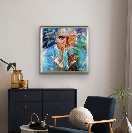 Framed abstract painting on a wall above a black cabinet with decorative items.