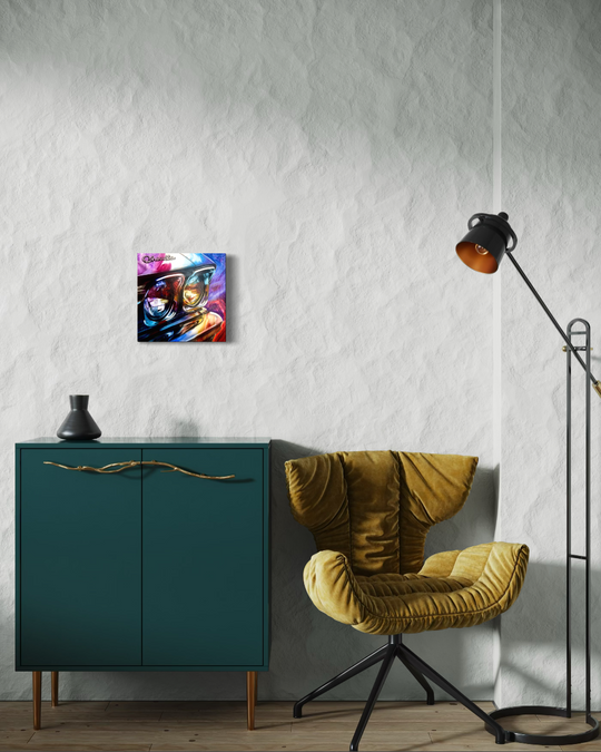 Modern interior with a yellow chair, teal cabinet, and colorful abstract painting on a white wall. Chromatic classic Chevelle limited edition fine art giclee canvas print reproduction by artist ShenShen.