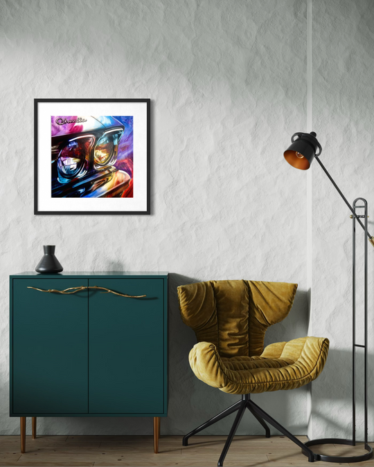 Modern interior with a yellow chair, teal cabinet, and framed artwork on a white wall. Chromatic classic Chevelle limited edition fine art paper print reproduction by artist ShenShen.