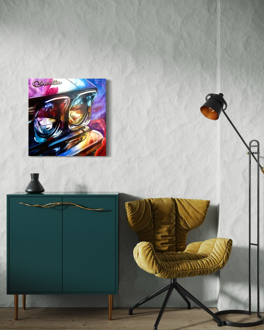 Modern interior with a yellow chair, teal cabinet, and colorful artwork on the wall. Chromatic classic Chevelle limited edition fine art giclee canvas print reproduction by artist ShenShen.
