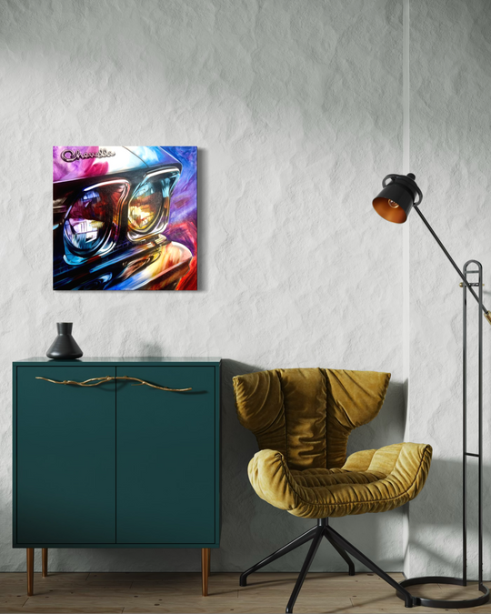 Modern interior with a yellow chair, teal cabinet, and colorful artwork on the wall. Chromatic classic Chevelle limited edition fine art giclee canvas print reproduction by artist ShenShen.