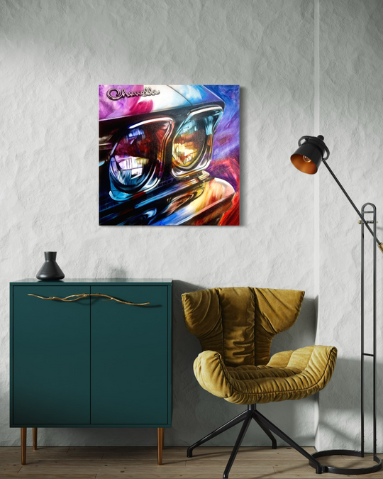 Colorful abstract painting of a car headlight on a wall above a green cabinet and yellow chair. Chromatic classic Chevelle limited edition fine art giclee canvas print reproduction by artist ShenShen.