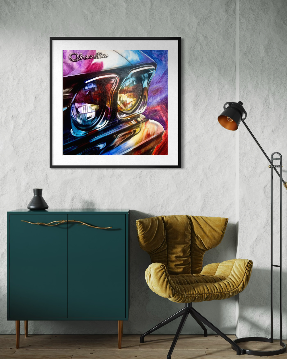 Framed artwork above a green cabinet and yellow chair in a room. Chromatic classic Chevelle limited edition fine art paper print reproduction by artist ShenShen.