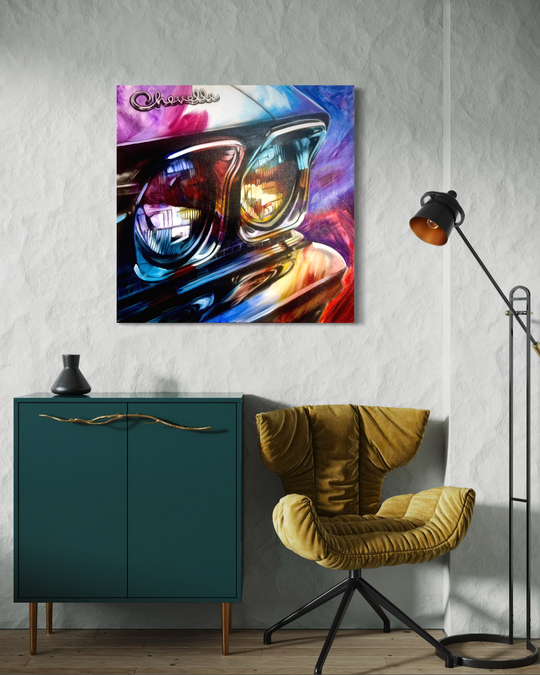 Colorful abstract painting of a car headlight on a wall above a green cabinet and yellow chair. Chromatic classic Chevelle limited edition fine art paper print reproduction by artist ShenShen.