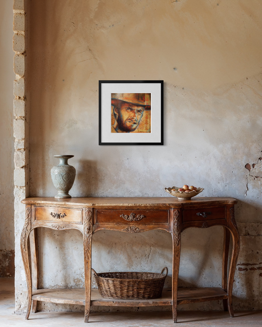 Framed portrait above an ornate wooden table with a vase and basket in a rustic setting. Clint Eastwood paper Reproduction — Limited Edition Fine Art Print by ShenShen