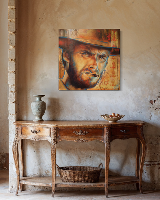 Wooden console table with decorative items against a textured wall with a painting of a man in a cowboy hat. Clint Eastwood Giclée Canvas Reproduction — Limited Edition Fine Art Print by ShenShen