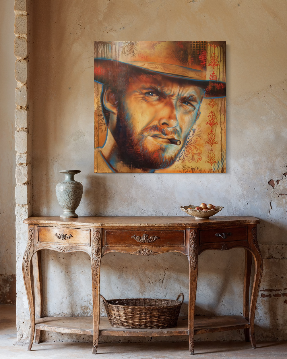 Wooden console table with decorative items against a textured wall with a framed portrait. Clint Eastwood Giclée Canvas Reproduction — Limited Edition Fine Art Print by ShenShen