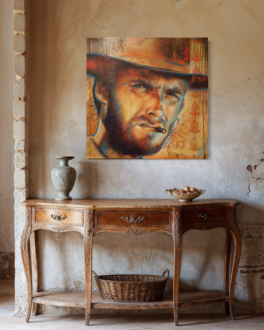Wooden console table with decorative items against a textured wall with a framed portrait. Clint Eastwood Giclée Canvas Reproduction — Limited Edition Fine Art Print by ShenShen