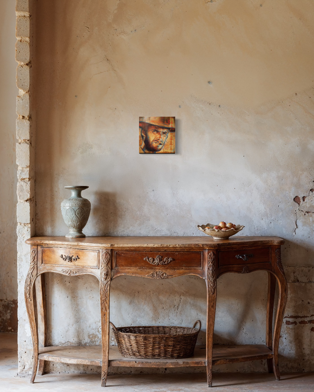 Wooden console table with decorative items against a textured wall. Clint Eastwood Giclée Canvas Reproduction — Limited Edition Fine Art Print by ShenShen