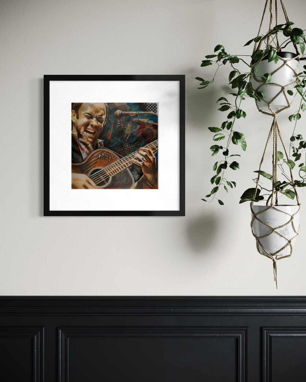 Framed artwork of a musician playing guitar on a wall with a plant in the corner. Dave Matthews limited edition reproduction fine art print by ShenShen.