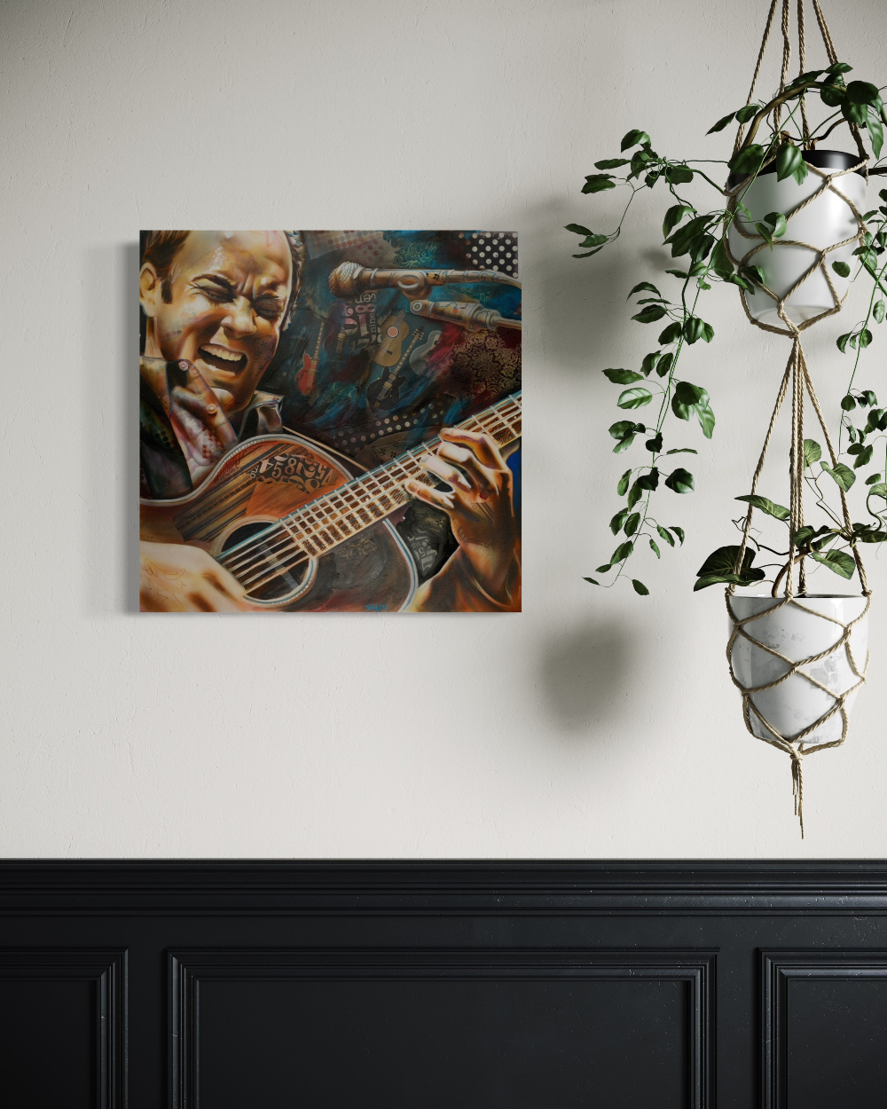 Canvas print of a musician playing guitar on a wall with a plant and macrame hanging in the background. Dave Matthews limited edition reproduction fine art print by ShenShen.