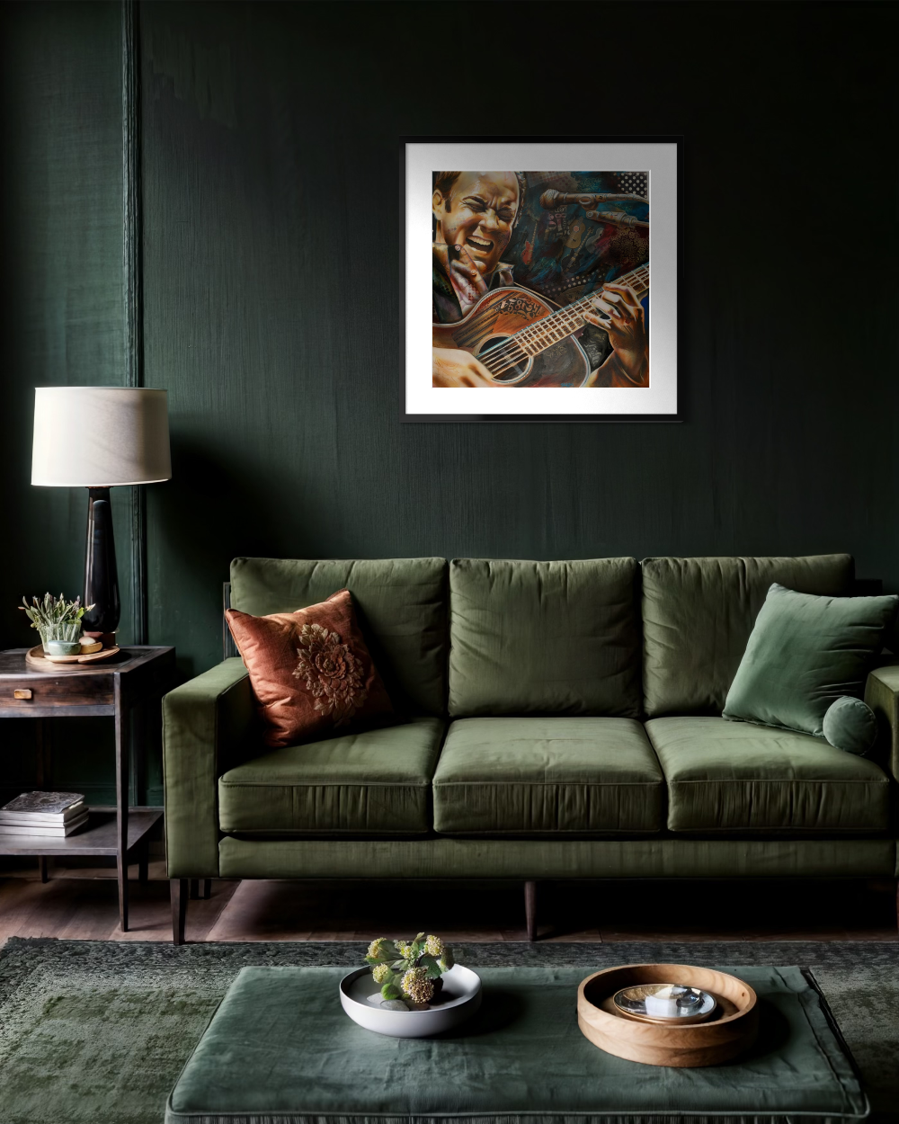 Green sofa in a living room with a framed picture of a person playing guitar on the wall. Dave Matthews limited edition reproduction fine art print by ShenShen.