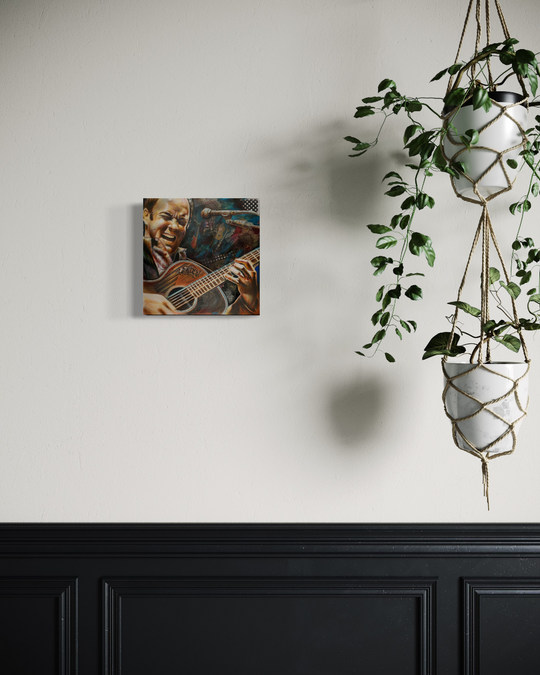 Canvas print of a musician playing guitar on a wall next to a hanging plant. Dave Matthews limited edition reproduction fine art print by ShenShen.