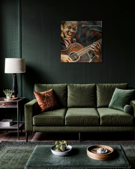 Living room with green sofa, decorative pillows, and a painting of a musician on the wall. Dave Matthews limited edition reproduction fine art print by ShenShen.