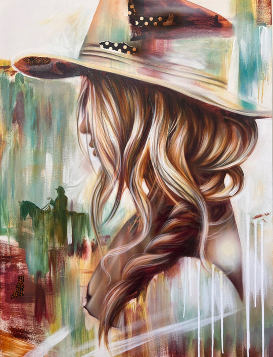 Artistic depiction of a person wearing a hat with a colorful, abstract background