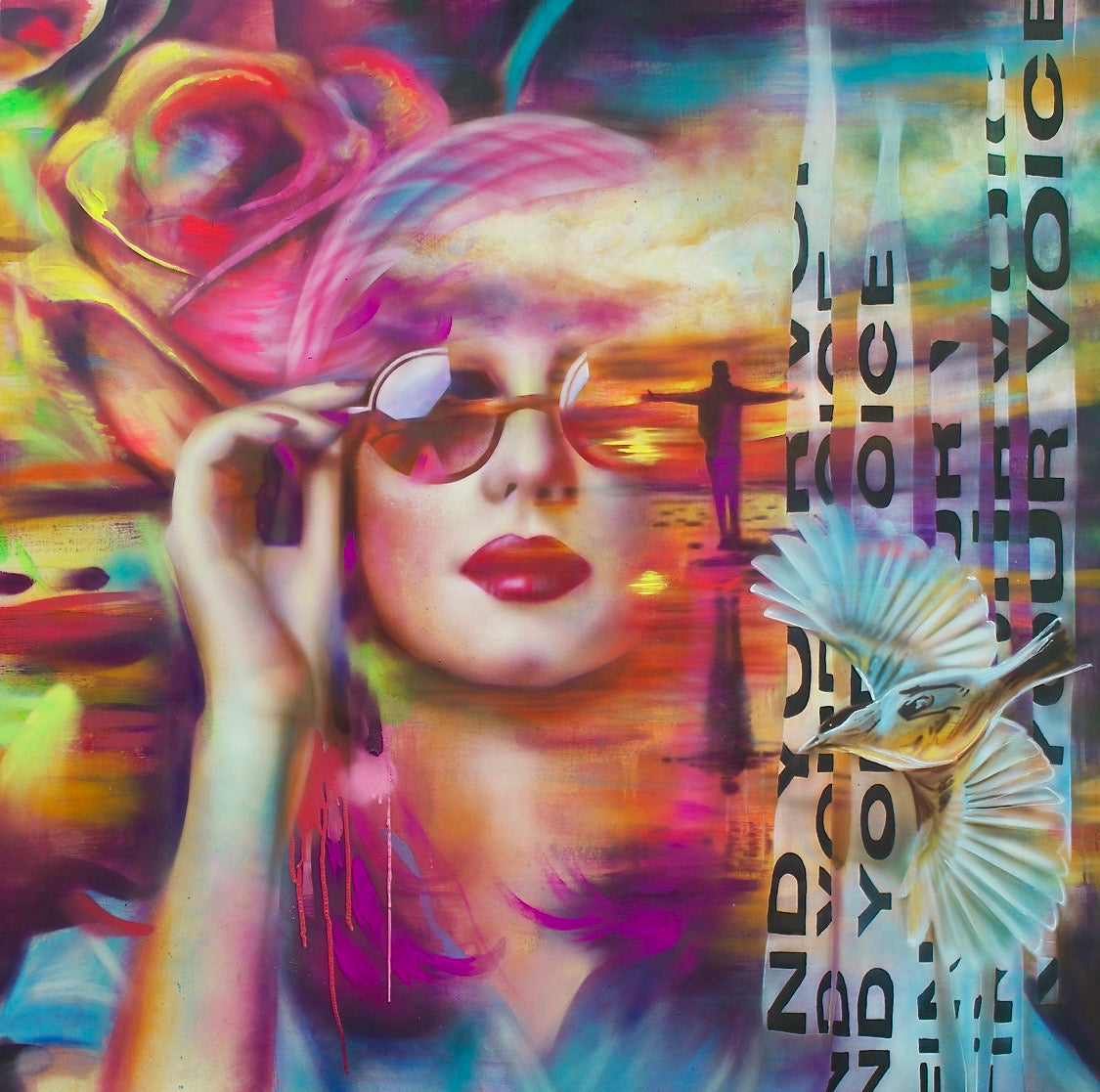 A colorful artistic depiction of a woman with sunglasses and a bird in flight, alongside a man reflecting on his own reflection.