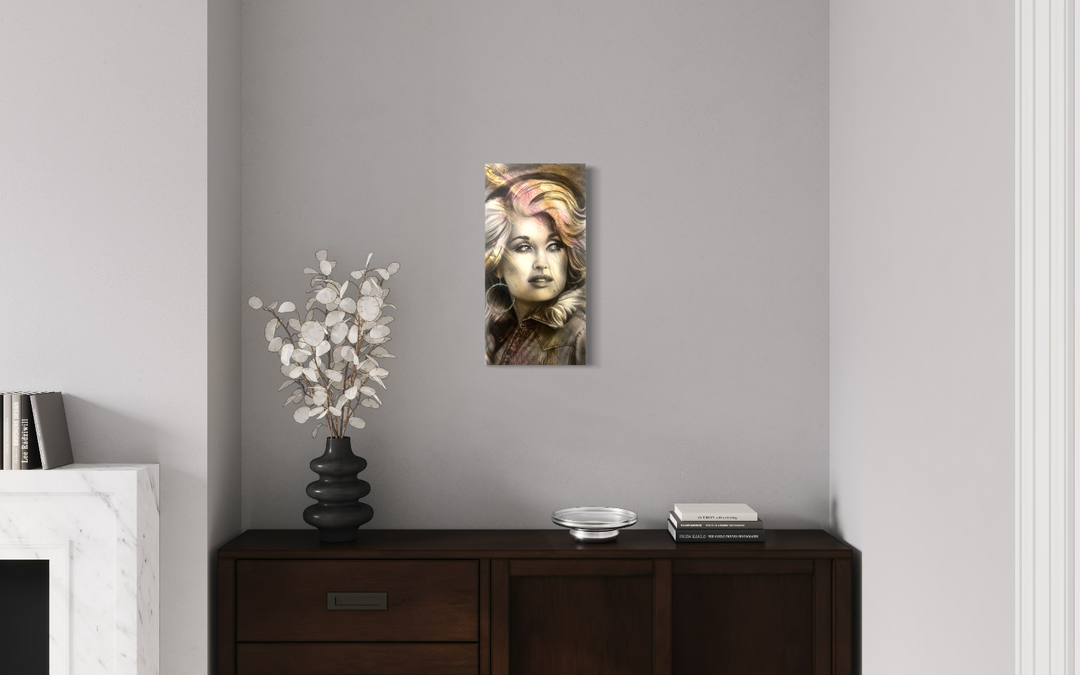 Wall art of a stylized portrait on a gray wall above a wooden console table. Portrait of iridescent dolly parton by shenshen