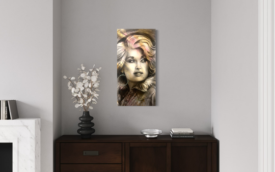 Artistic portrait of a woman on a wall above a wooden cabinet with decorative items. canvas giclee reproduction of iridescent dolly parton by shenshen