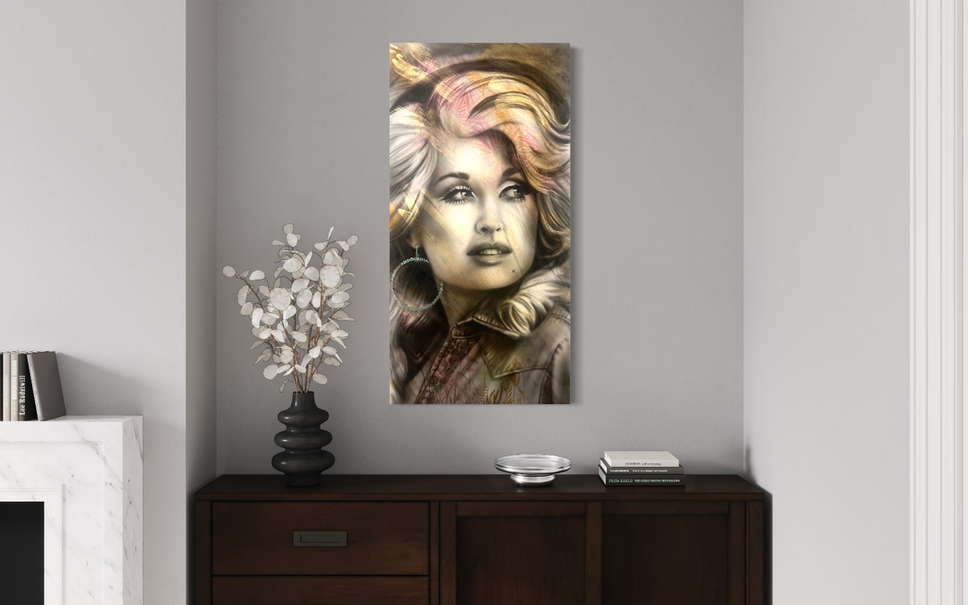 Canvas print of a stylized portrait on a wall above a wooden cabinet. canvas giclee reproduction of iridescent dolly parton by shenshen