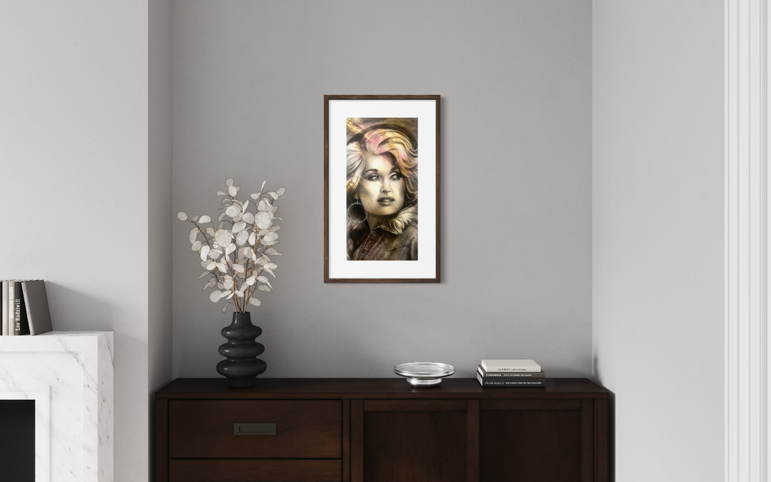 Framed portrait on a wall above a wooden cabinet with decorative items.