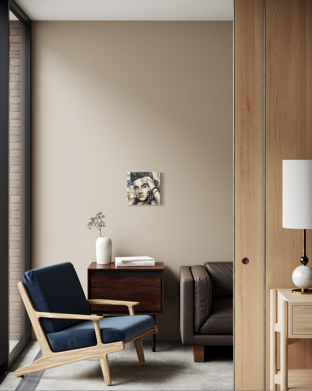 Modern living room with a blue armchair, wooden side table, and gray sofa. Elvis paper reproduction limited edition fine art print by shensen.