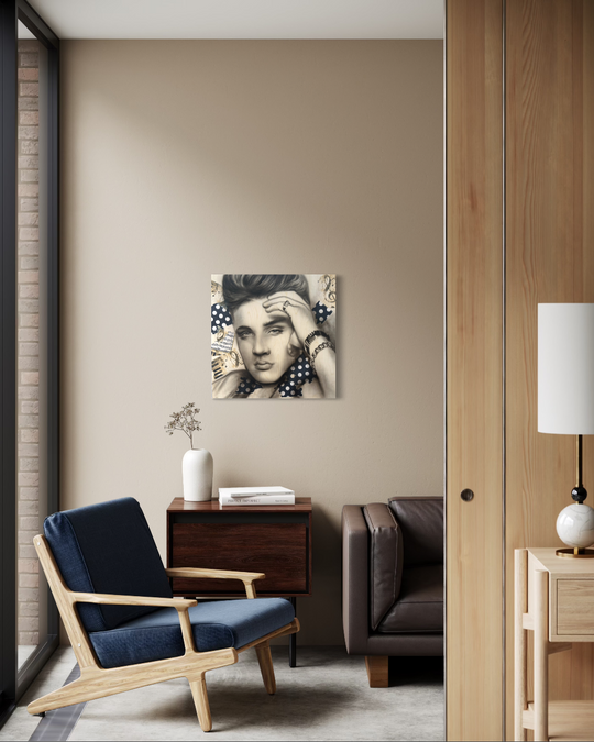 Modern living room with a blue armchair, brown sofa, and wall art of a person with an American flag. Elvis paper reproduction limited edition fine art print by shensen.