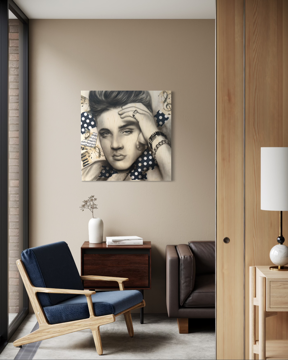 Modern living room with a blue armchair, brown sofa, and wall art of a woman with polka dot headband. Elvis canvas reproduction limited edition fine art print by shensen.