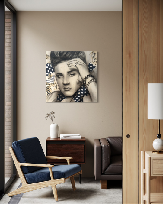 Modern living room with a blue armchair, brown sofa, and wall art of a woman with polka dot headband. Elvis canvas reproduction limited edition fine art print by shensen.