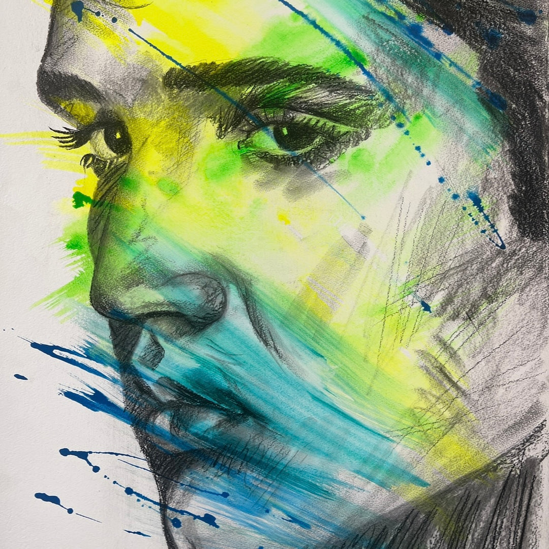 Contemporary portrait painting inspired by Elvis Presley, featuring a dramatic grayscale face accented with vibrant neon green, yellow, and blue brushstrokes and paint splatters. Expressive mixed-media textures and bold contrast create a modern, energetic interpretation of the iconic musician.
by shenshen
