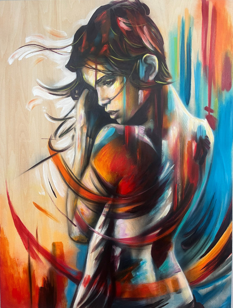 painting of a woman figure looking down blues orange red and yellow hues