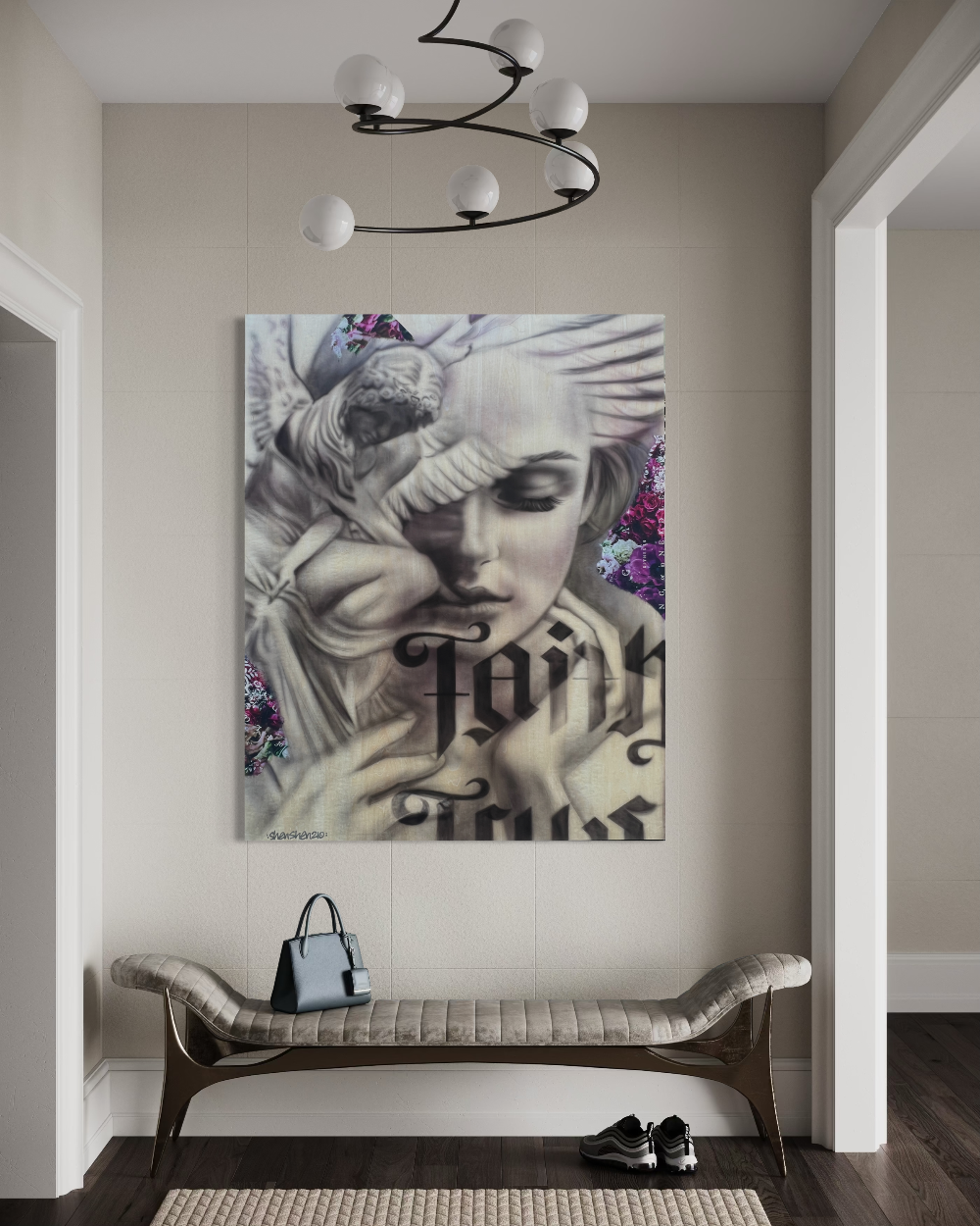 Modern interior with a large wall art piece of a stylized face and text, a bench, and a handbag. Faith and truth limited edition reproduction fine art print by ShenShen.