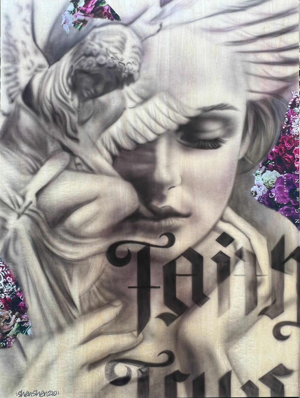 painting of woman and angel black and white and purple hues and words faith and trust in old english writing