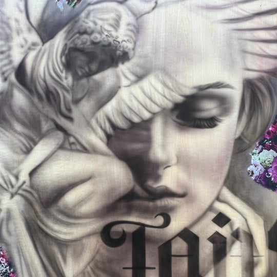 Hand-Embellished Canvas Print featuring a woman's face with angel wings and floral elements, predominantly in sepia and cream tones.
