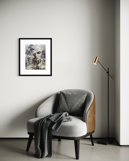 Modern interior with a gray armchair, plaid pillow, and framed artwork on a white wall. Faith and truth limited edition reproduction fine art print by ShenShen.
