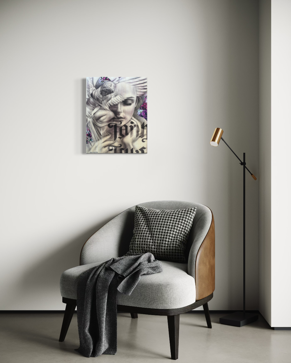 Modern interior with a gray armchair, plaid pillow, and abstract painting on a white wall. Faith and truth limited edition reproduction fine art print by ShenShen.