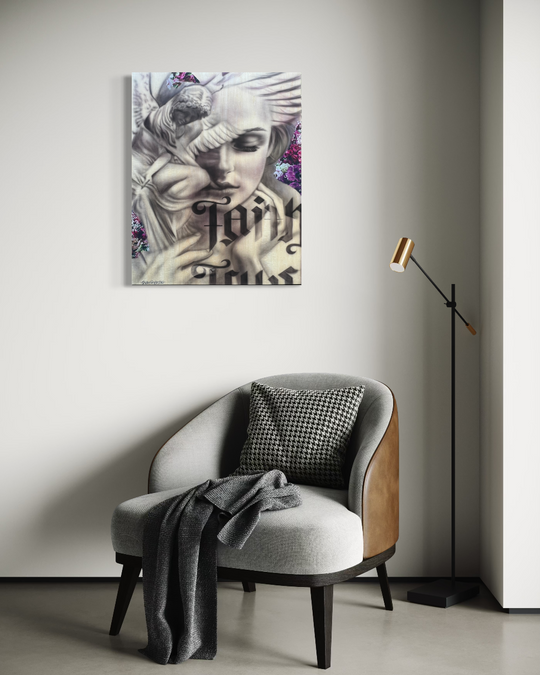 Modern interior with a chair, lamp, and artwork on the wall. Faith and truth limited edition reproduction fine art print by ShenShen.